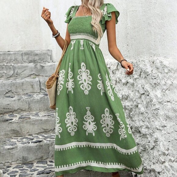 Dresses & Skirts - Green Boho Women's Printed Wrap Square Neckline Dress